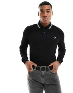 Fred Perry Long Sleeve Twin Tipped Polo Shirt In Black For Men