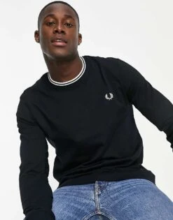 Fred Perry Tipped Long Sleeve Top In Black For Men