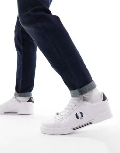 Fred Perry Leather Logo Trainers In White & Navy For Men
