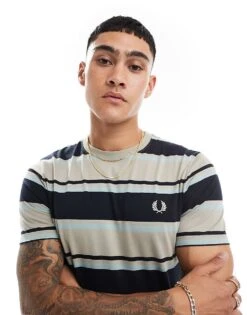 Fred Perry Bold Stripe T-shirt In Navy And Grey For Men