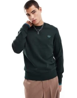 Fred Perry Crew Neck Sweatshirt In Forest Green For Men -Modish Men Wear 207013144 1 green 1