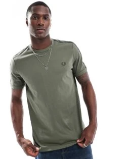 Fred Perry Contrast Taped T-shirt In Khaki Green For Men