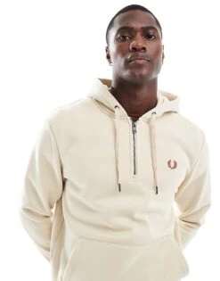 Fred Perry Half Zip Pullover Hoodie In Light Beige For Men