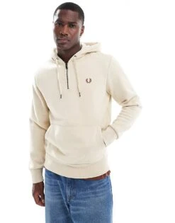 Fred Perry Half Zip Pullover Hoodie In Light Beige For Men -Modish Men Wear 207013303 4