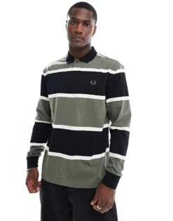 Fred Perry Long Sleeve Polo Shirt In Thick Green And Black Stripes For Men