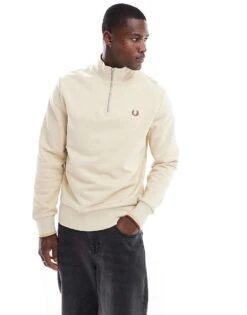 Fred Perry Half Zip Sweatshirt In Light Beige For Men