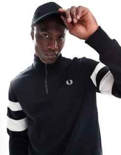 Fred Perry Tipped Half Zip Sweatshirt In Black For Men