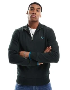 Fred Perry Half Zip Sweatshirt In Forest Green For Men