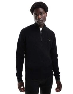 Fred Perry Waffle Stitch Knitted Half Zip Jumper In Black For Men