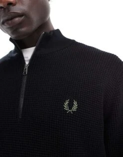 Fred Perry Waffle Stitch Knitted Half Zip Jumper In Black For Men -Modish Men Wear 207017058 3
