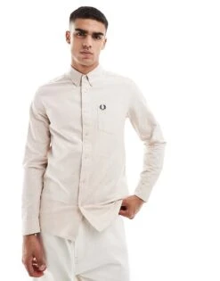 Fred Perry Long Sleeve Oxford Shirt In Off White For Men