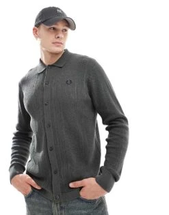 Fred Perry Pointelle Panel Long Sleeve Knitted Shirt In Dark Green For Men