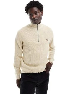 Fred Perry Waffle Stitch Knitted Half Zip Jumper In Light Beige For Men -Modish Men Wear 207017304 1 beige 1