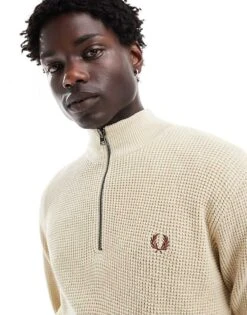 Fred Perry Waffle Stitch Knitted Half Zip Jumper In Light Beige For Men -Modish Men Wear 207017304 4