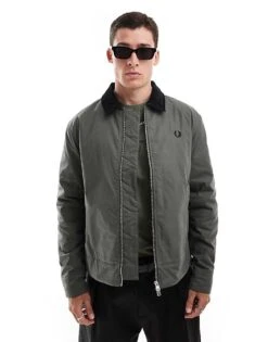 Fred Perry Caban Worker Jacket In Dark Green With Cord Collar For Men