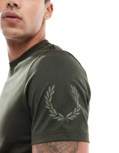 Fred Perry T-shirt In Khaki With Double Logo Print For Men Green 9 Fred Perry T-shirt In Khaki With Double Logo Print For Men Green -Modish Men Wear 207457268 3