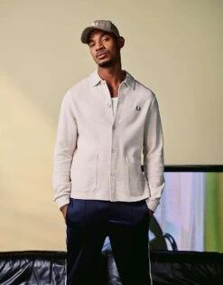 Fred Perry Long Sleeve Button Through Jersey Jacket In Off White For Men Beige -Modish Men Wear 207457290 1 beige 1
