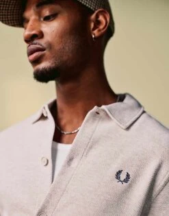 Fred Perry Long Sleeve Button Through Jersey Jacket In Off White For Men Beige -Modish Men Wear 207457290 2