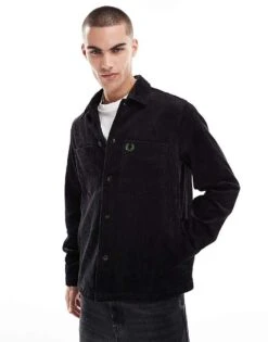 Fred Perry Long Sleeve Heavyweight Cord Overshirt In Black For Men