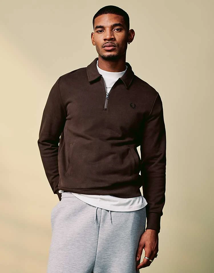 Fred Perry Half Zip Sweatshirt In Dark Brown With Collar Detail For Men 3 Fred Perry Half Zip Sweatshirt In Dark Brown With Collar Detail For Men