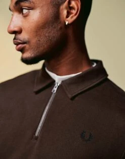 Fred Perry Half Zip Sweatshirt In Dark Brown With Collar Detail For Men 8 Fred Perry Half Zip Sweatshirt In Dark Brown With Collar Detail For Men -Modish Men Wear 207457333 2