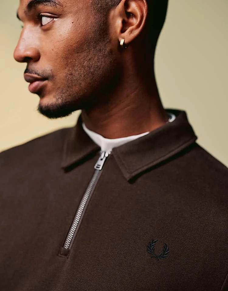 Fred Perry Half Zip Sweatshirt In Dark Brown With Collar Detail For Men 4 Fred Perry Half Zip Sweatshirt In Dark Brown With Collar Detail For Men - Image 2