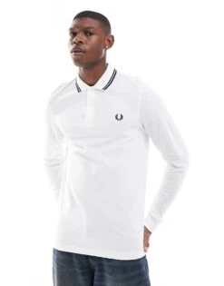 Fred Perry Twin Tipped Long Sleeve Polo Shirt In White For Men