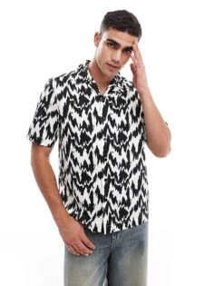 Fred Perry Short Sleeve Revere Collared Shirt In Black And White Animal Print For Men -Modish Men Wear 207457436 1 white 1