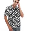 Fred Perry Short Sleeve Revere Collared Shirt In Black And White Animal Print For Men