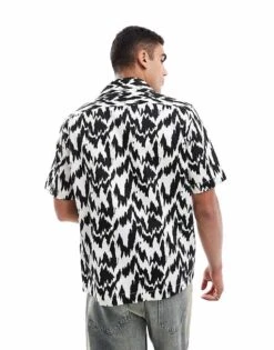 Fred Perry Short Sleeve Revere Collared Shirt In Black And White Animal Print For Men -Modish Men Wear 207457436 2