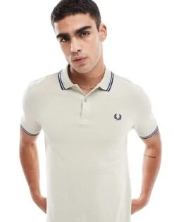 Fred Perry Twin Tipped Polo Shirt In Ecru And Blue For Men White -Modish Men Wear 207457458 1 white 1