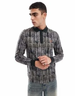 Fred Perry Long Sleeve Polo Shirt In All Over Forest Camo Print In Green For Men