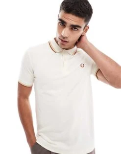 Fred Perry Twin Tipped Polo Shirt In Ecru And Brown For Men White -Modish Men Wear 207457561 1 white 1