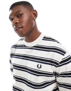 Fred Perry Relaxed Fit T-shirt In Off White With Thick Horizontal Stripes For Men