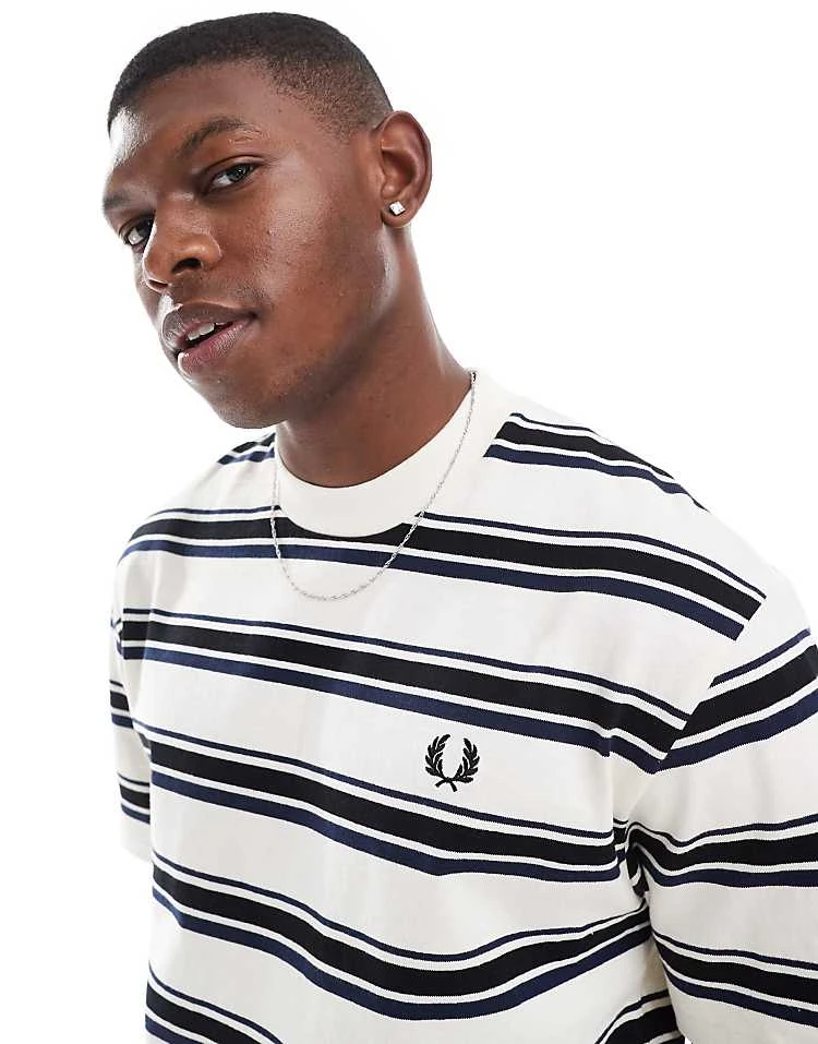 Fred Perry Relaxed Fit T-shirt In Off White With Thick Horizontal Stripes For Men 3 Fred Perry Relaxed Fit T-shirt In Off White With Thick Horizontal Stripes For Men