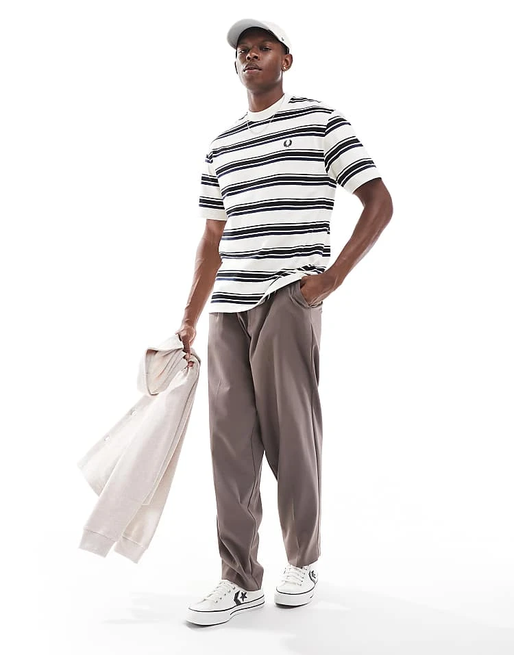 Fred Perry Relaxed Fit T-shirt In Off White With Thick Horizontal Stripes For Men 6 Fred Perry Relaxed Fit T-shirt In Off White With Thick Horizontal Stripes For Men - Image 4