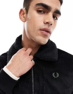 Fred Perry Cord Bomber Jacket In Black With Removable Borg Collar For Men -Modish Men Wear 207458754 4