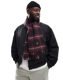 Fred Perry Brushed Wool Tartan Scarf In Red For Men