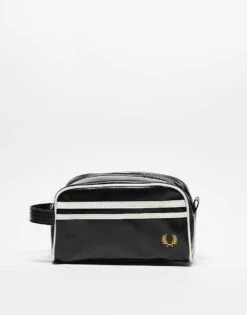Fred Perry Coated Faux Leather Washbag In Black And White For Men