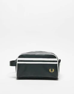 Fred Perry Coated Faux Leather Washbag In Dark Green And White For Men