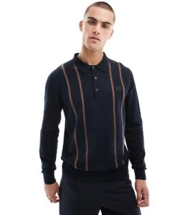 Fred Perry Vertical Stripe Knitted Long Sleeve Polo In Navy For Men