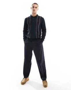 Fred Perry Vertical Stripe Knitted Long Sleeve Polo In Navy For Men -Modish Men Wear 207459028 4