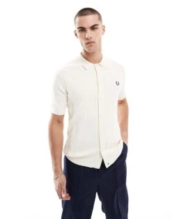 Fred Perry Short Sleeve Knitted Button Through Shirt In Off White For Men -Modish Men Wear 208006225 1 white 1