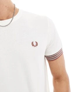Fred Perry Relaxed T-shirt In Light Beige With Striped Sleeve Cuff For Men -Modish Men Wear 208006250 2
