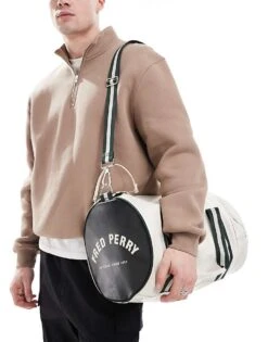 Fred Perry Classic Barrel Bag In Off White And Green For Men