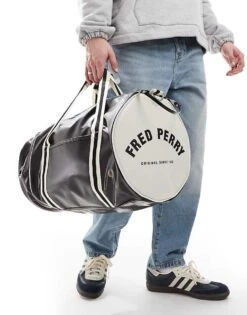 Fred Perry Classic Large Barrel Bag In Black And White For Men