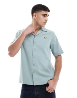 Fred Perry Short Sleeve Revere Collared Shirt In Ice Blue For Men