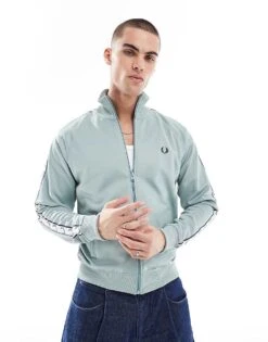 Fred Perry Contrast Taped Track Jacket In Ice Blue For Men