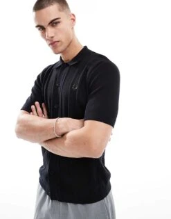 Fred Perry Short Sleeve Knitted Button Through Shirt In Black For Men