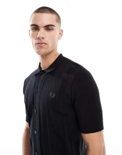 Fred Perry Short Sleeve Knitted Button Through Shirt In Black For Men -Modish Men Wear 208006673 4